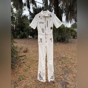 Custom block printed Cream Jumpsuit